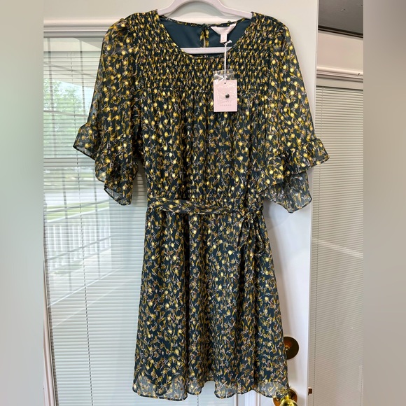 NWT LC Lauren Conrad Smocked Yoke Babydoll Dress, fall & winter colors gold - Picture 2 of 13